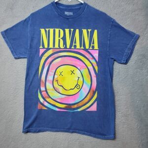 Nirvana Tee Shirt Men's Retro Graphic Electric Blue Smiley Face Size M - FLAW